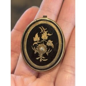 Antique Victorian Style Mourning Brooch Pendant Black Enamel Diamond Center